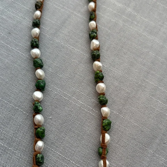 Handcrafted Green Turquoise and Freshwater Pearl Necklace knotted with Suede